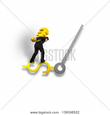 Carrying gold Euro sign balancing on money clock hand isolated in white background time is money concept 3D illustration