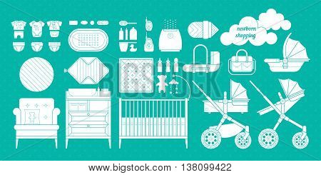 Retail and wholesale kids store. Cribs baby stroller childrens clothing toys and other baby stuff for a newborn. Vector kids store set in flat style.