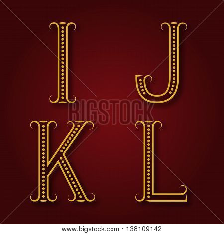 I J K L golden letters with shadow. Font of dots and lines with flourishes. Type in art deco style.