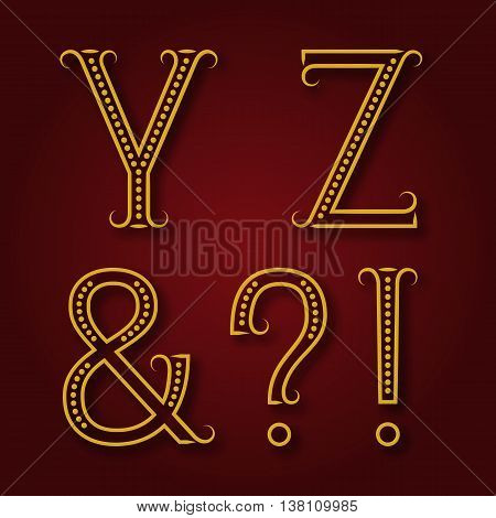 Y Z golden letters ampersand exclamation and question marks with shadow. Font of dots and lines with flourishes. Type in art deco style.