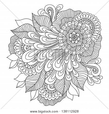 Zen-doodle or Zen-tangle floral pattern. Composition in Indian style. Vector illustration.