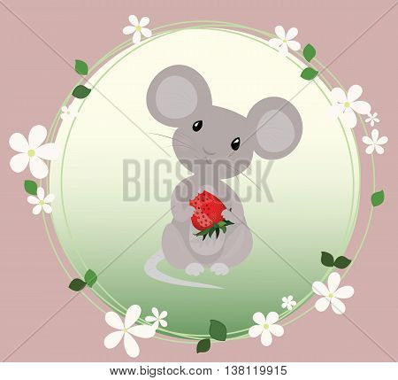 Cute Mouse eating strawberry . Vector Illustration