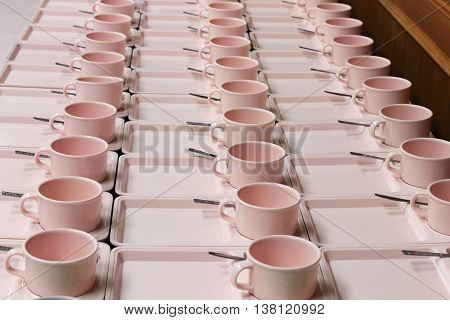 rows lots of cup coffee in preparation Food Break :Ideal use for background: