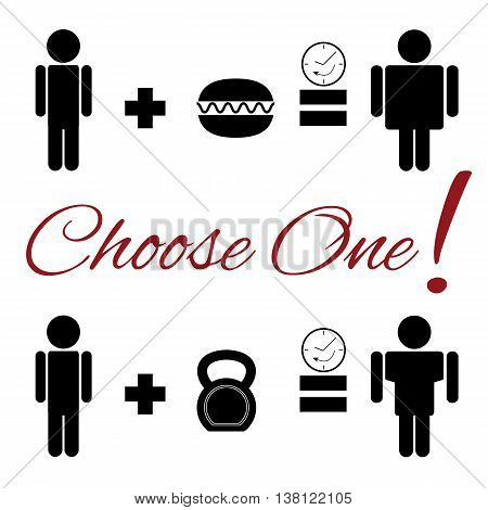 Fully vector lifestyle choice pictogram. Choice between junk food and healty lifestyle.
