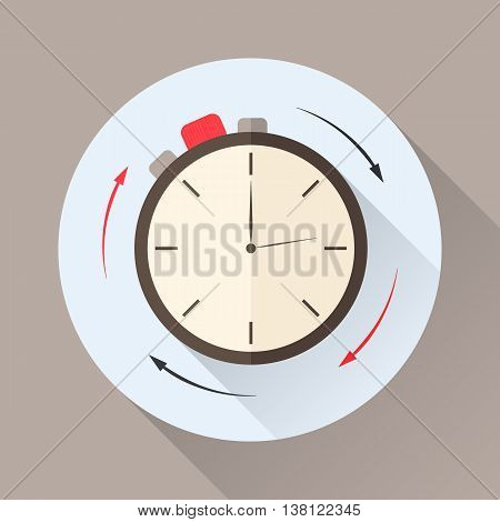 Stopwatch in flat style with shadow. Countdown. The clockwise motion. Icon for business or time-management. Vector illustration.