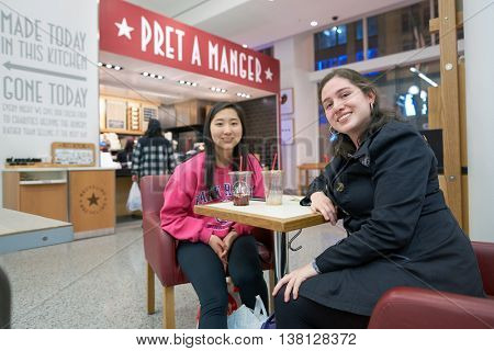 CHICAGO, IL - CIRCA MARCH, 2016: women at Pret a Manger. Pret a Manger is a sandwich shop chain based in the United Kingdom