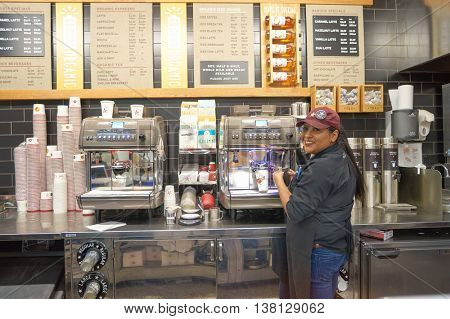CHICAGO, IL - CIRCA MARCH, 2016: indoor portrait of staff in Pret a Manger. Pret a Manger is a sandwich shop chain based in the United Kingdom