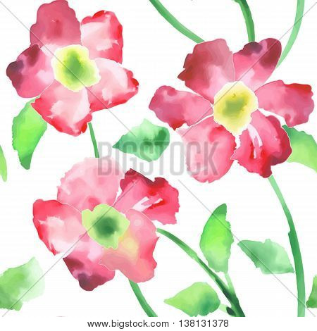 Hand paint watercolor seamless pattern with pink flowers. Digital aquarelle illustration created with brushes.