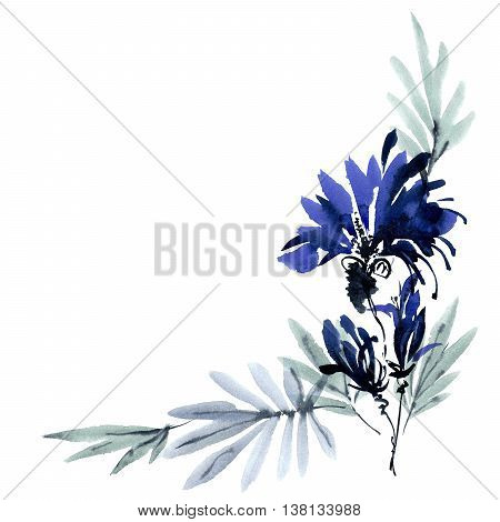 Blue flowers bouquet. Background with corner composition for cards invitation. Watercolor and ink painting in style gohua sumi-e u-sin. Oriental traditional painting.