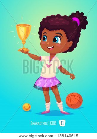 Cute Girl. Back to School isolated cartoon character on blue background. Girl with prize. Great illustration for a school books and more. VECTOR stock illustration.