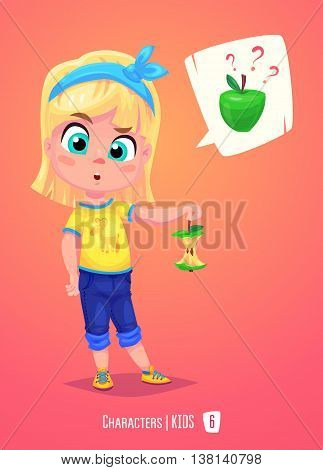 Cute School Girl. Back to School isolated cartoon character with apple on pink background. Great illustration for a school books and more. VECTOR stock illustration.