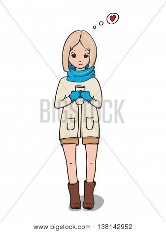 Cute cartoon girl with the cup of coffee.
