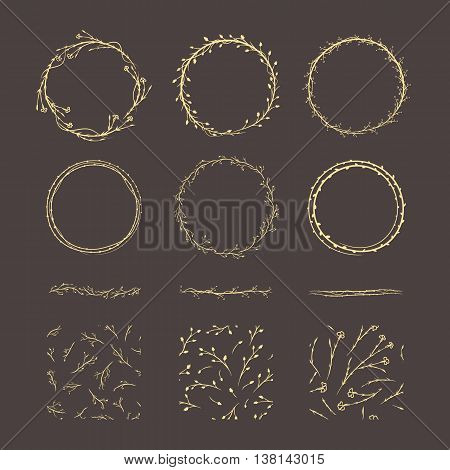 Vintage decorative elements - wreaths, borders and seamless patterns. Hand drawn vector design wedding set.