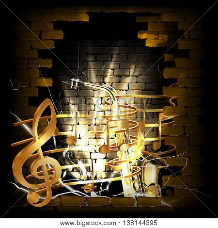 Vector illustration of gold musical notes volume and treble clef on the staff with a saxophone in the rupture of the old brick wall. You can use any text and image on a black background.