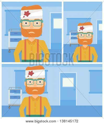 Sad hipster man with bandages over his head in the medical office. Vector flat design Illustration. Square, horizontal, vertical layouts.
