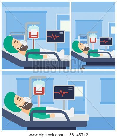 Hipster man in oxygen mask lying in hospital ward with heart rate monitor and equipment for blood transfusion. Vector flat design Illustration. Square, horizontal, vertical layouts.