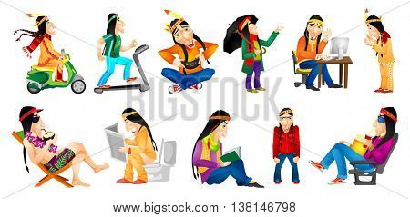 Set of illustrations of american indians playing video game, watching movie, reading book, sitting in toilet with newspaper, sitting on chaise longue. Vector illustration isolated on white background.