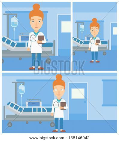 Female friendly doctor with stetoscope standing in hospital ward and carrying folder of patient or medical information. Vector flat design Illustration. Square, horizontal, vertical layouts.
