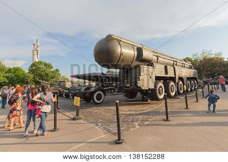 Kiev Ukraine - May 09 2016: Visitors to the museum of military equipment near the specimen missile system of medium-range SS-20