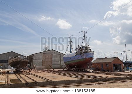 Hundested, Denmark - July 11, 2016: Boats in the dry dock.