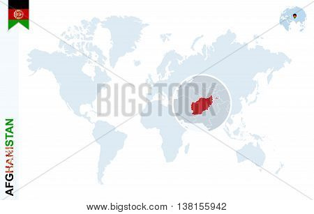 Blue World Map With Magnifying On Afghanistan.