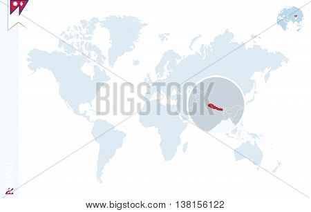 Blue World Map With Magnifying On Nepal.