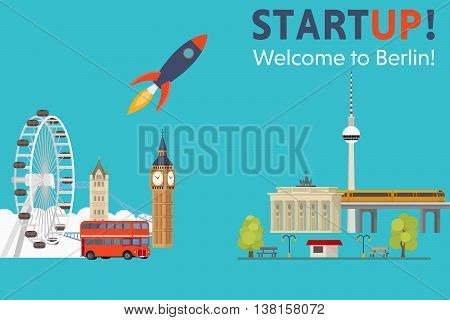 Sturtup, welcome to Berlin. Moving startups from England to Germany - Vector Concept