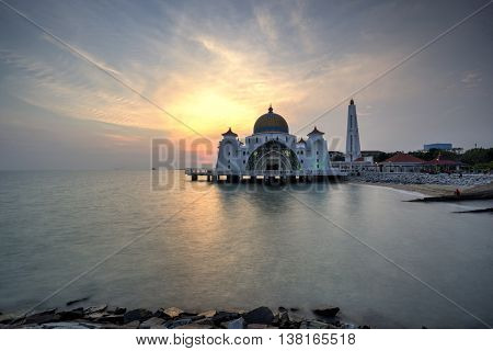 Malacca Straits Mosque (Masjid Selat) during sunset