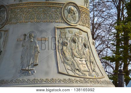 Bas-reliefs of angels and saints on an orthodox bell.