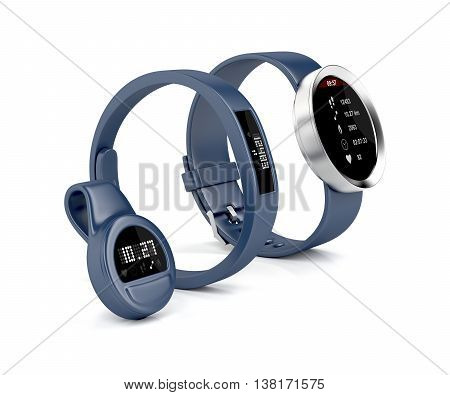 Smartwatch wristband and clip-on activity trackers on white background, 3D illustration
