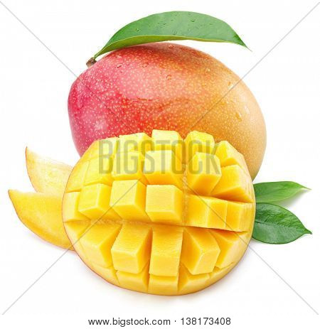 Mango cubes and mango fruit. Isolated on a white background.