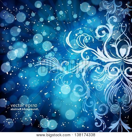 Abstract floral pattern on a blue background, made of transparent rays, stars, bokeh. Magical fantasy flowers design card.  Vector illustration.