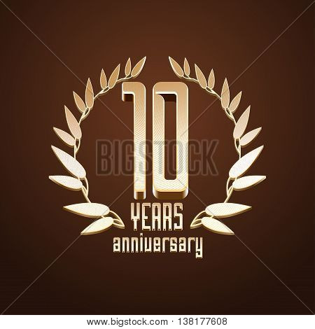 10 years anniversary vector logo. 10th birthday age classic decoration design element sign emblem symbol with gold branch