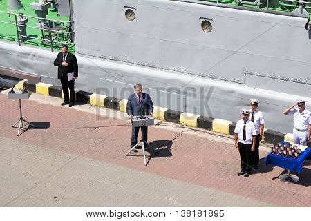 Odesa, Ukraine - July 03, 2016: Ukrainian president Petro Poroshenko at the pier of Odesa's port. Navy day celebration in Odesa