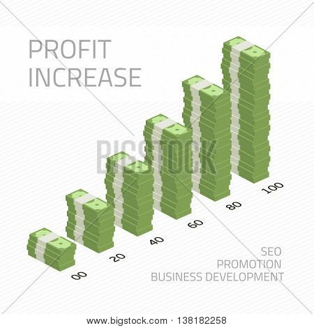 Cash flow graph. Market growth concept. Vector illustration of big stacked pile of cash. Hundreds of dollars. Modern design isolated on white background. Modern currency concept profit growth.