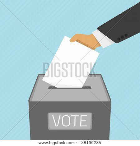 Vector illustration voting concept - hand putting voting paper in the ballot box. Hand casting a vote. Vote ballot in hand with box in flat style.