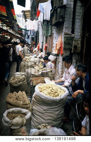 GUANGZHOU / CHINA - CIRCA 1987: Various crops are available for sale in Guangzhou's Qingping Market.