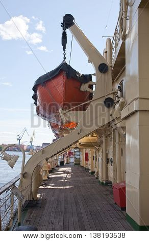 St. Petersburg. Lifeboat of the opened type on the Krasin ice breaker.