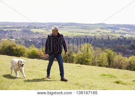 Mature Man Taking Golden Retriever For Walk In Countryside