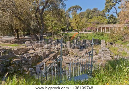 NICE FRANCE - APRIL 11 2016: Ruins of the Cathedral (circa 15th c.) in Castle Hill in Nice France. Located on the grounds of former medieval castle