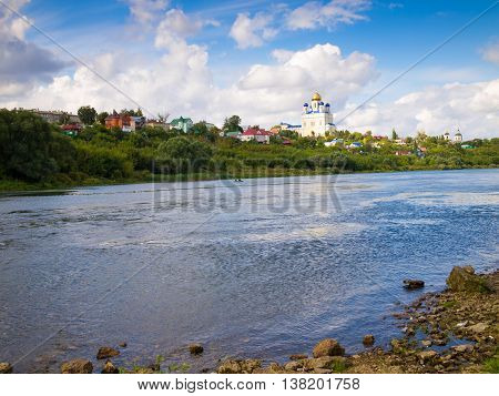 Riverfront Bystraya Sosna and the Ascension (Voznesensky) Cathedral. Yelets Lipetsk region Russia.