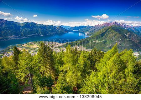 View to Locarno city from Cardada mountain Swiss Alps Switzerland