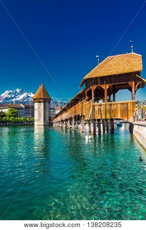 Historic City Center Of Lucerne With Famous Chapel Bridge And Lake Lucerne (vierwaldstatersee), Cant