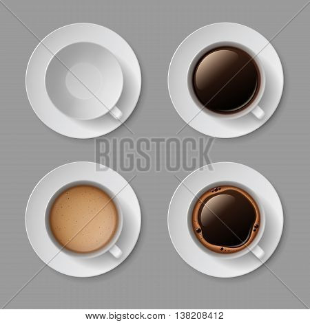 Vector Set of White Coffee Cup Mug with Crema Foam Bubbles Top View Isolated On Background