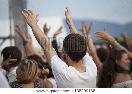 Rimetea (Torocko), Romania - July 1, 2016:Audience in front of the Main Stage at the Doublerise festival, the first multi art festival from Transylvania on July 1, 2016