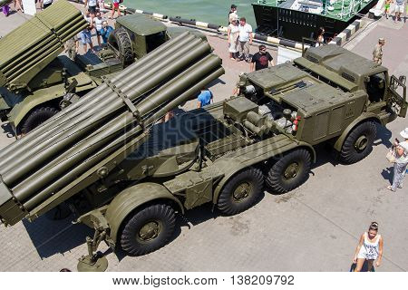 Odesa, Ukraine - July 03, 2016: Exhibition of military vehickles 'Uragan' and 'Grad' and others during celebration NAVY forces day