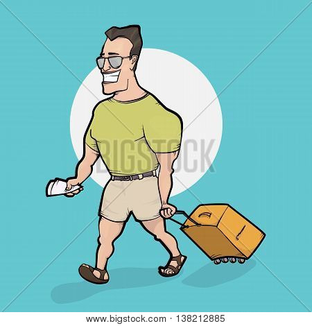 Travelling man goes with bag. Hand drawn illustration