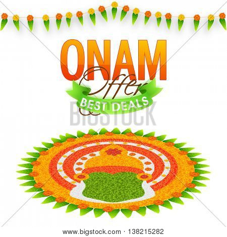 Onam Best Deals Offer, Creative Sale Poster, Banner or Flyer design decorated with beautiful rangoli for South Indian Festival celebration.