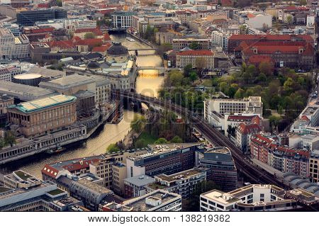 View on Berlin and the river Sprea from above. Picture was taken in Berlin on 20.06.2014.