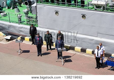 Odesa, Ukraine - July 03, 2016: Ukrainian president Petro Poroshenko at the pier of Odesa's port. Navy day celebration in Odesa